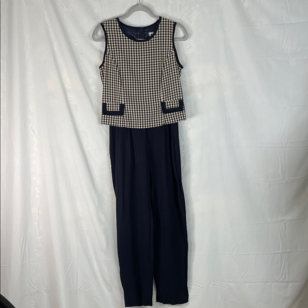 Navy and Beige Checkered Vintage DBY Women's Jumpsuit
